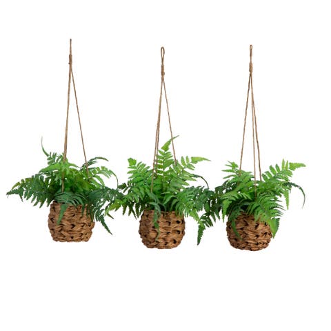 10-in UV Resistant Artificial Boston Fern in Hanging Wicker Basket (Indoor/Outdoor) - Set of 3