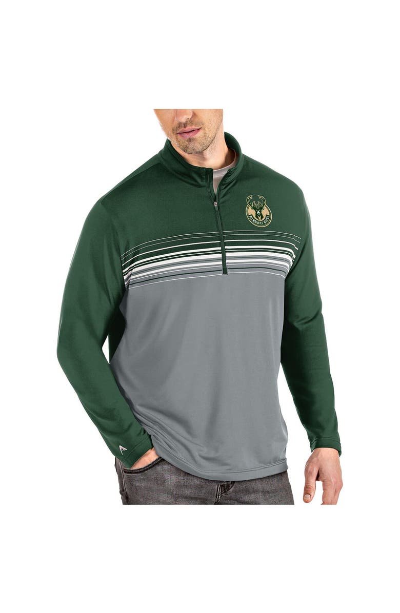 ANTIGUA Men's Antigua Hunter Green/Gray Milwaukee Bucks Pace Quarter-Zip Pullover Jacket, Main, color,