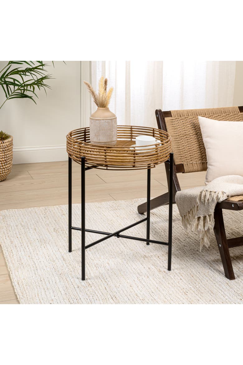 Malia Bohemian Round Faux Tray Top End Table, Woven Accent Side Table with Metal Cross Base for Living Room Bedroom, Alternate, color, Brown