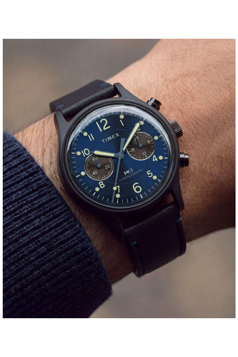 MK1 Chronograph Leather Strap Watch, 40mm, Alternate, color, BLACK/ BLUE