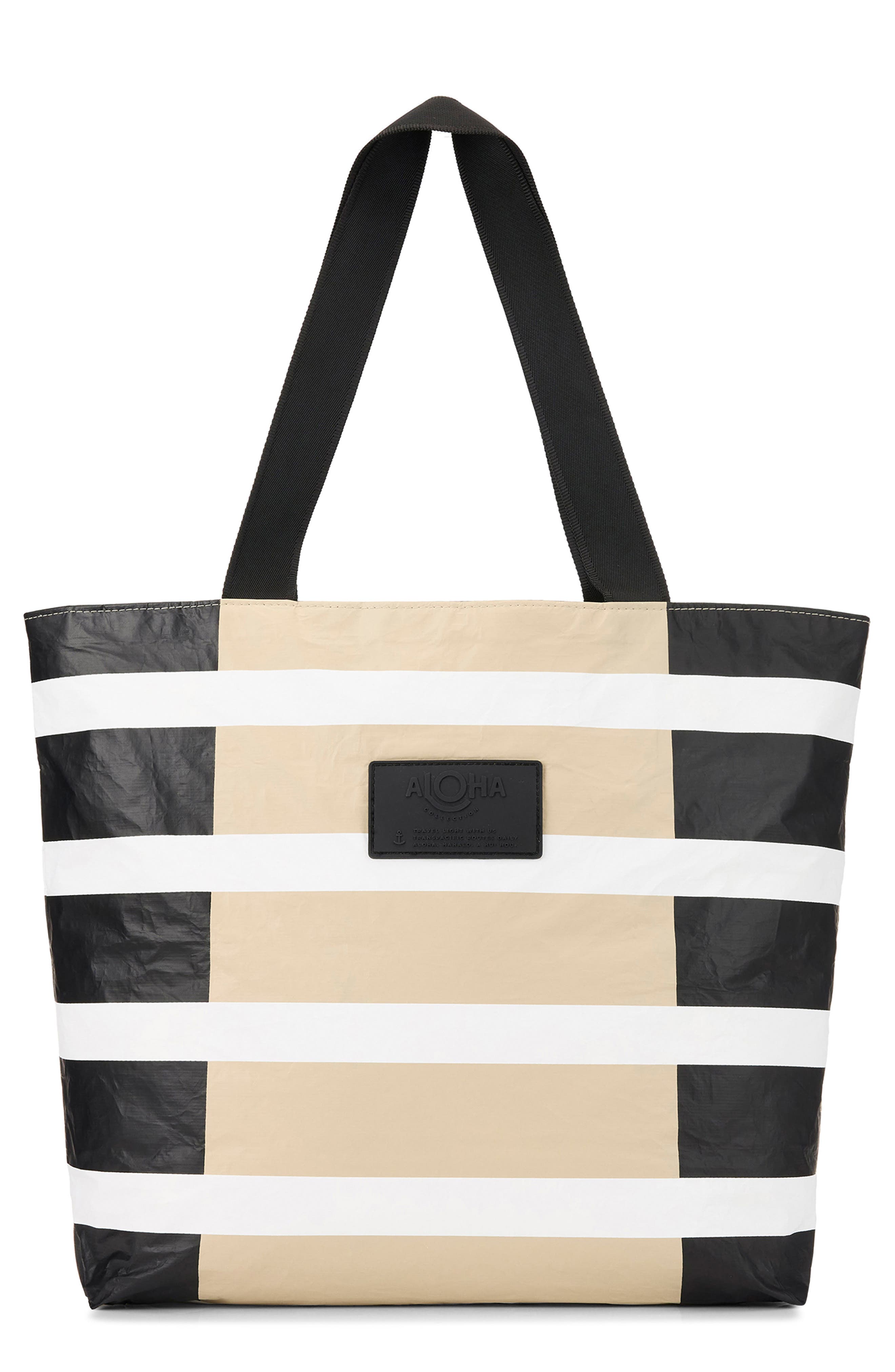 Aloha Collection Day Tripper Sporty Stripe Water Resistant Tote, Main, color, Black/ Latte