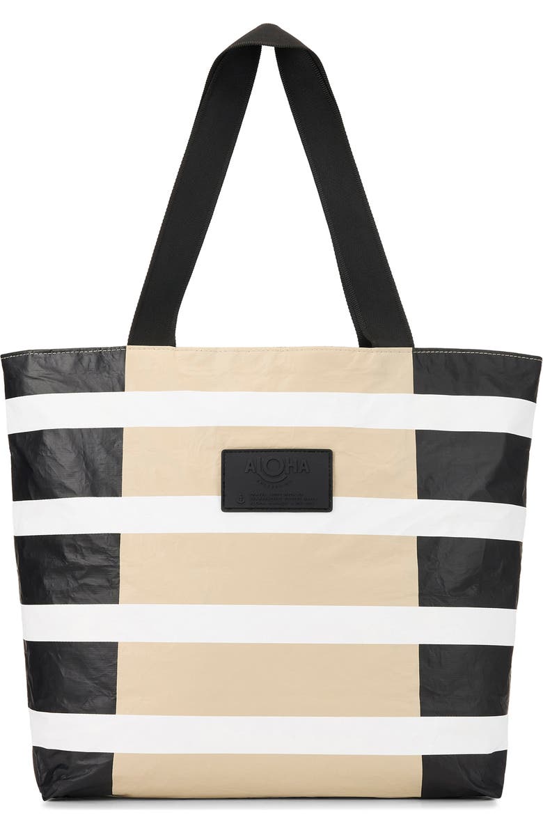 Aloha Collection Day Tripper Sporty Stripe Water Resistant Tote, Main, color, Black/ Latte