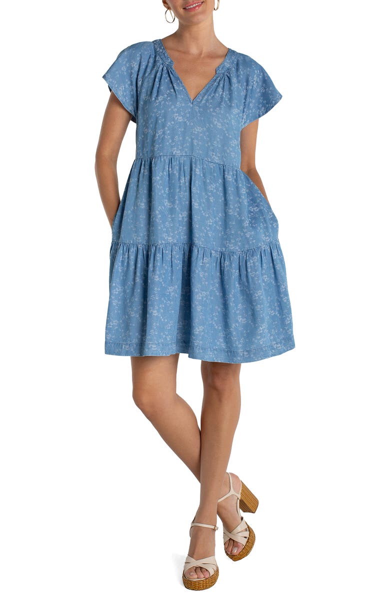 Liverpool Los Angeles Tiered Floral Flutter Sleeve Denim Dress, Main, color, Indigo Roses