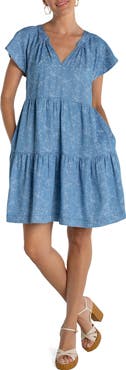 Liverpool Los Angeles Tiered Floral Flutter Sleeve Denim Dress