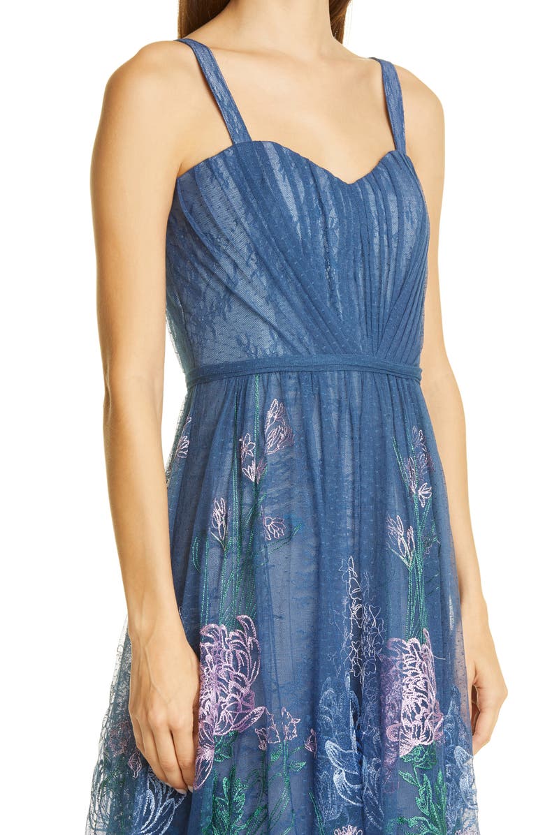 Marchesa Notte Embroidered Mesh Midi Cocktail Dress, Alternate, color,