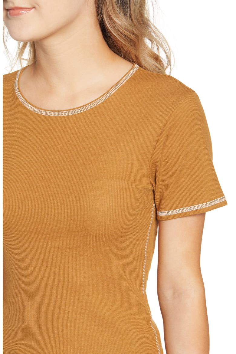 Urban Outfitters Contrast Stitch Ribbed Baby Tee, Alternate, color, SAND