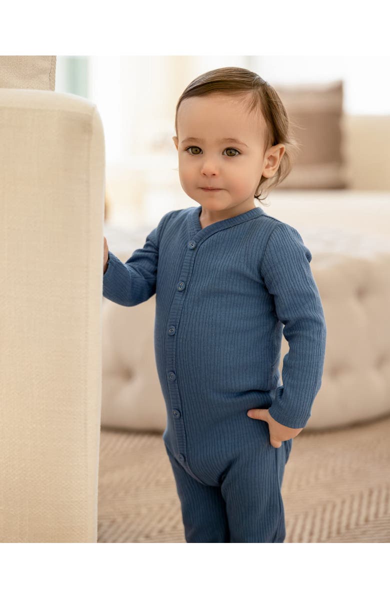 MiniMoi Solid Color Ribbed Cotton Blend Button-Down Footie, Alternate, color, Deep Water