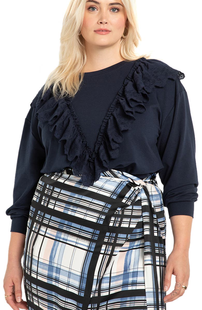 ELOQUII Ruffle Front Sweatshirt, Main, color, 