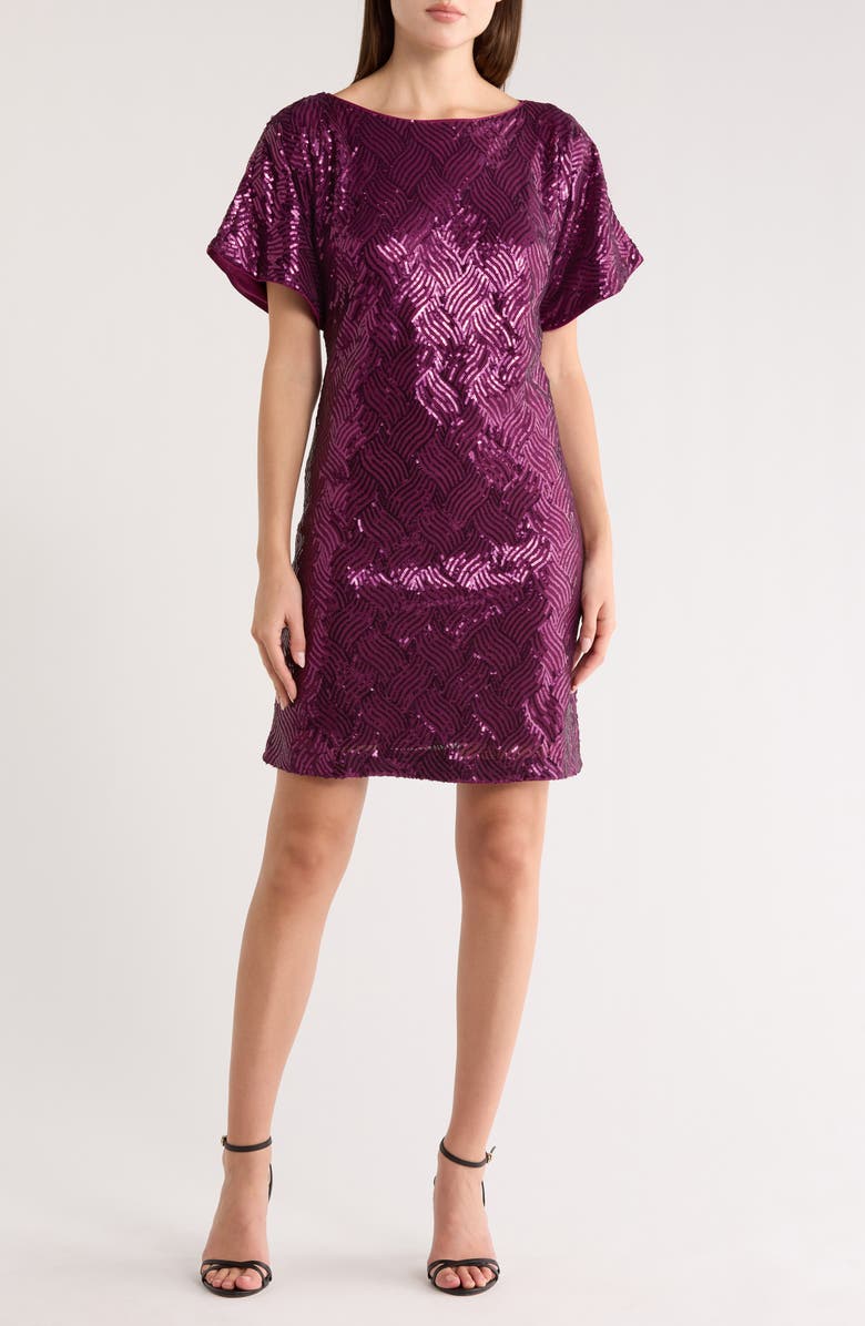Vince Camuto Sequin Short Sleeve Shift Dress, Main, color, Wine