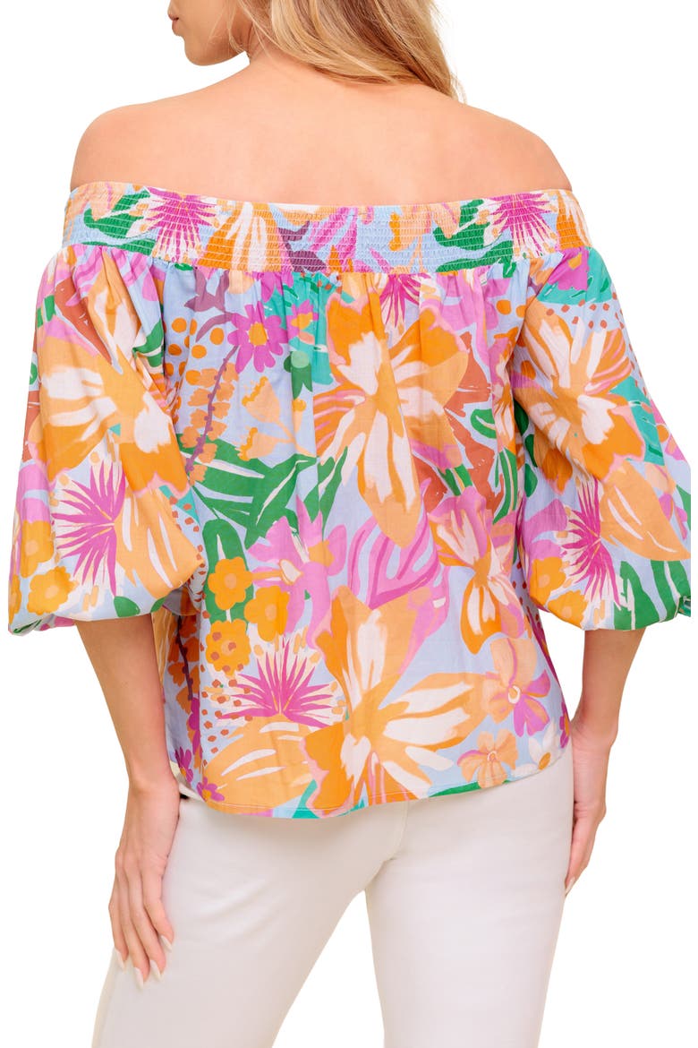 Printed Off The Shoulder Top, Alternate, color, DUSTY BLUE/ ORANGE