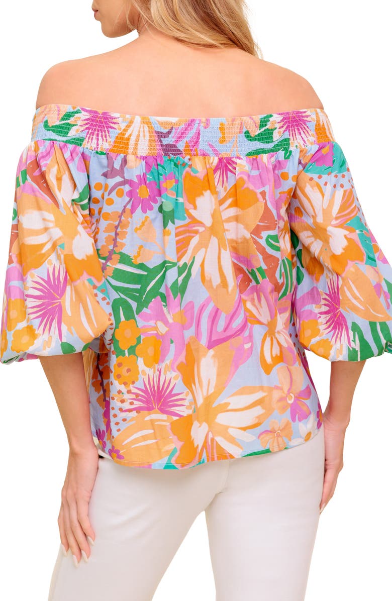 FLYING TOMATO Printed Off The Shoulder Top, Alternate, color, Dusty Blue/ Orange