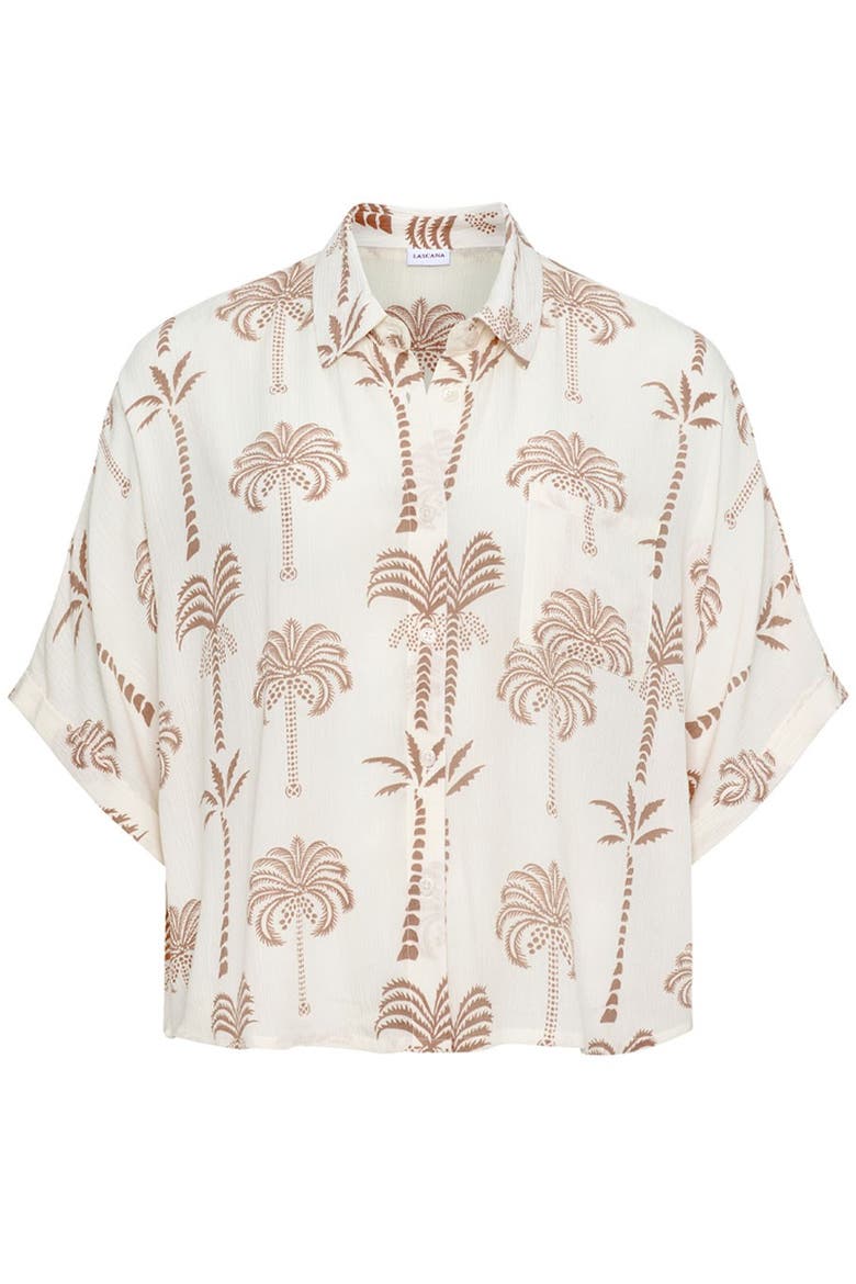 Palm Print Button Down Blouse, Alternate, color, Tan & White