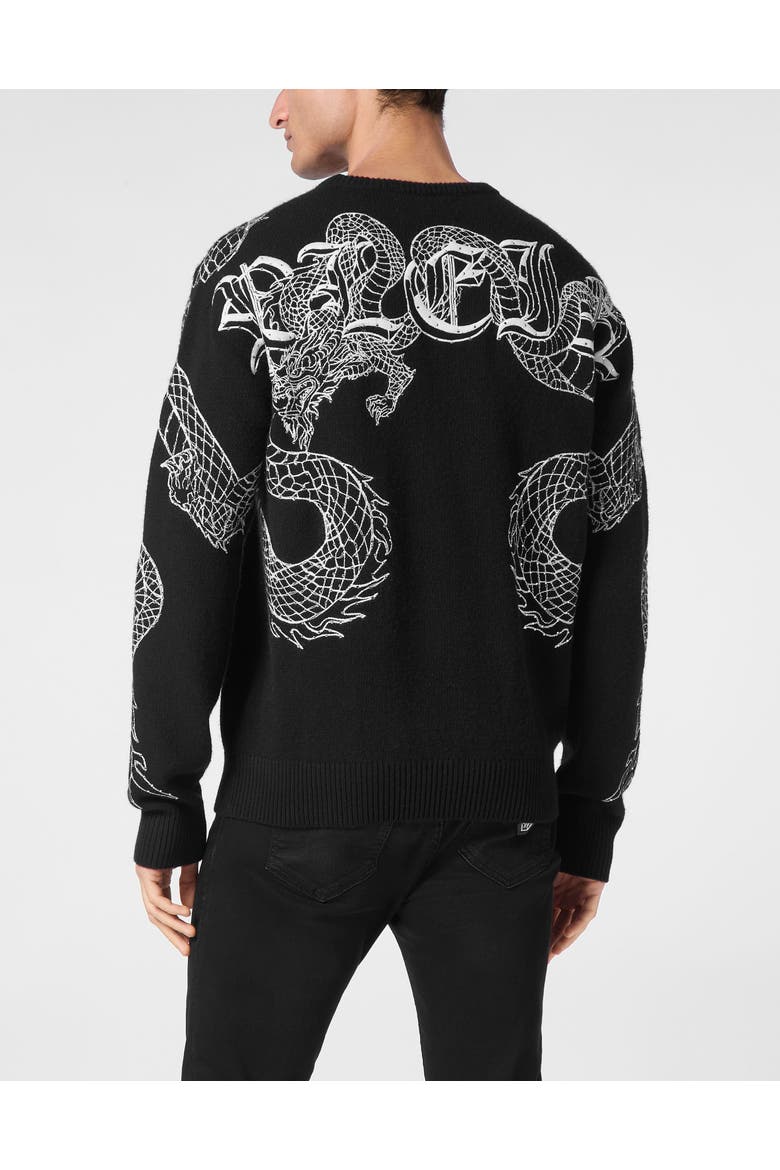 Pullover Round Neck Dragon Men, Alternate, color, black