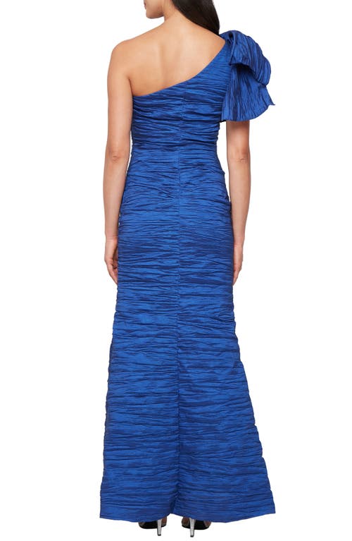 Alex Evenings Bow Detail One-shoulder Ruched Satin Gown In Blue