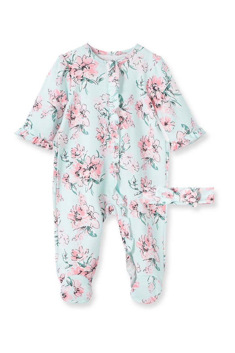 Floral Dream Cotton Footie & Headband Set, Main, color, AQUA