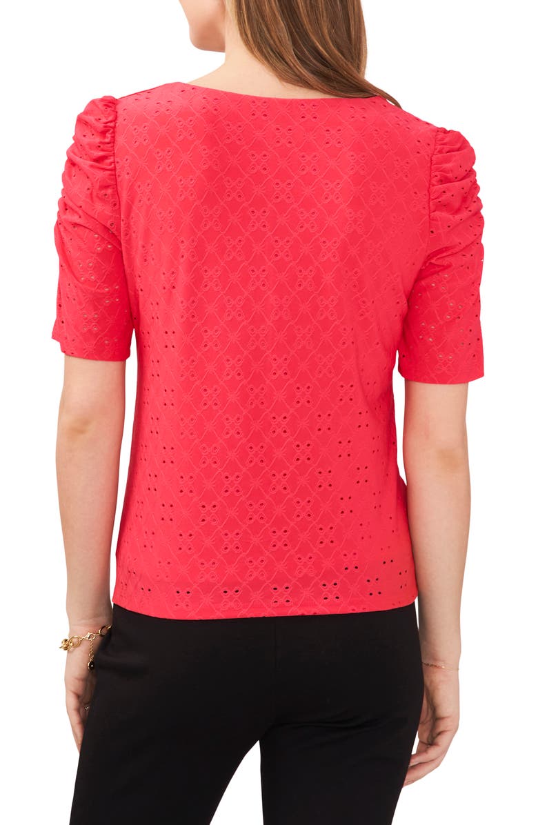 Chaus Eyelet Ruched Sleeve Knit Top, Alternate, color, Geranium