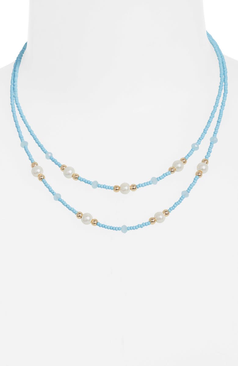 Nordstrom Seed Bead & Faux Pearl Layered Necklace, Alternate, color, Turquoise- White- Gold