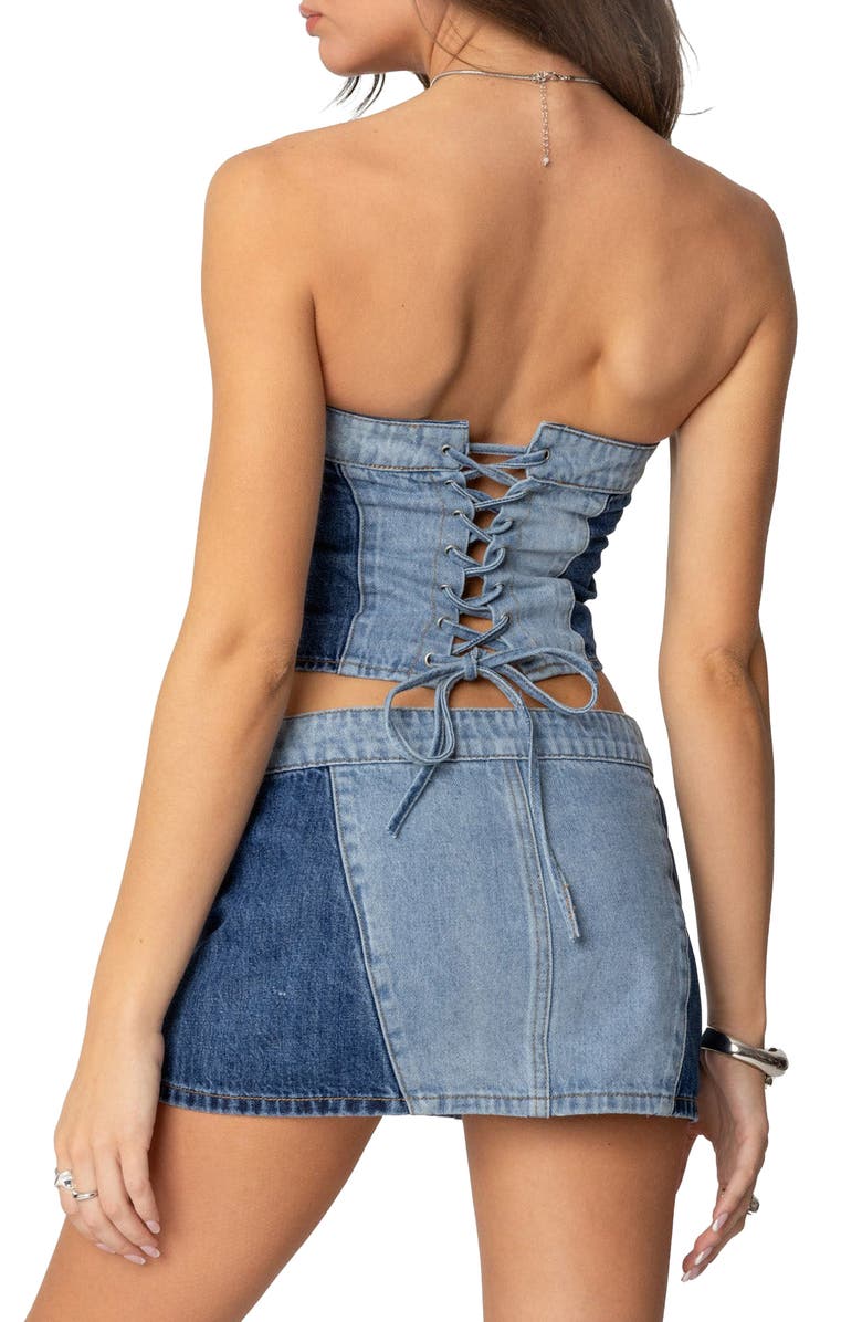 EDIKTED Reni Contrast Denim Strapless Corset Top, Alternate, color, Blue