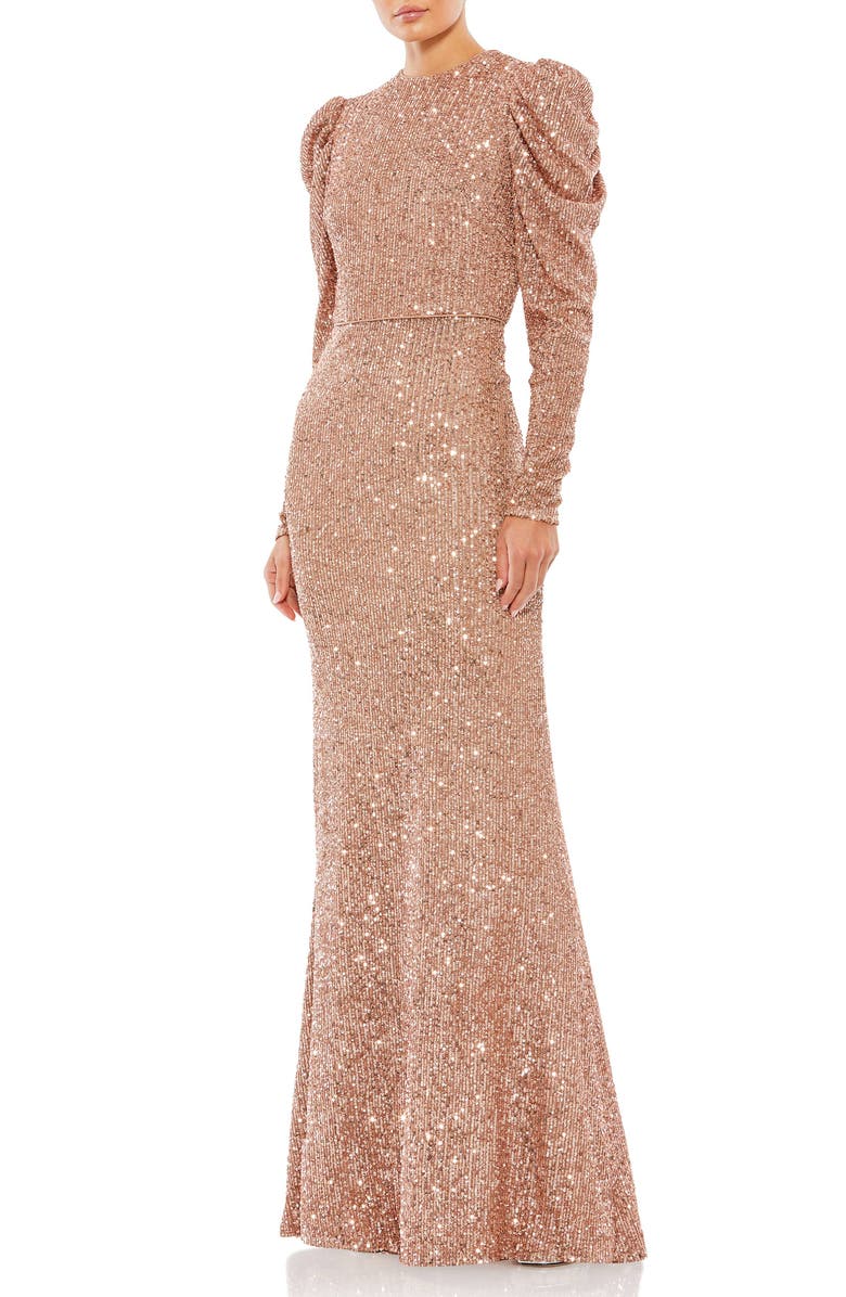 Mac Duggal Sequined High Neck Puff Long Sleeve Column Gown, Main, color, Copper