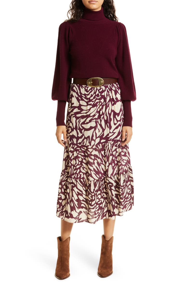 ba&sh Gianna Tiered Ruffle Skirt, Alternate, color, Bordeaux