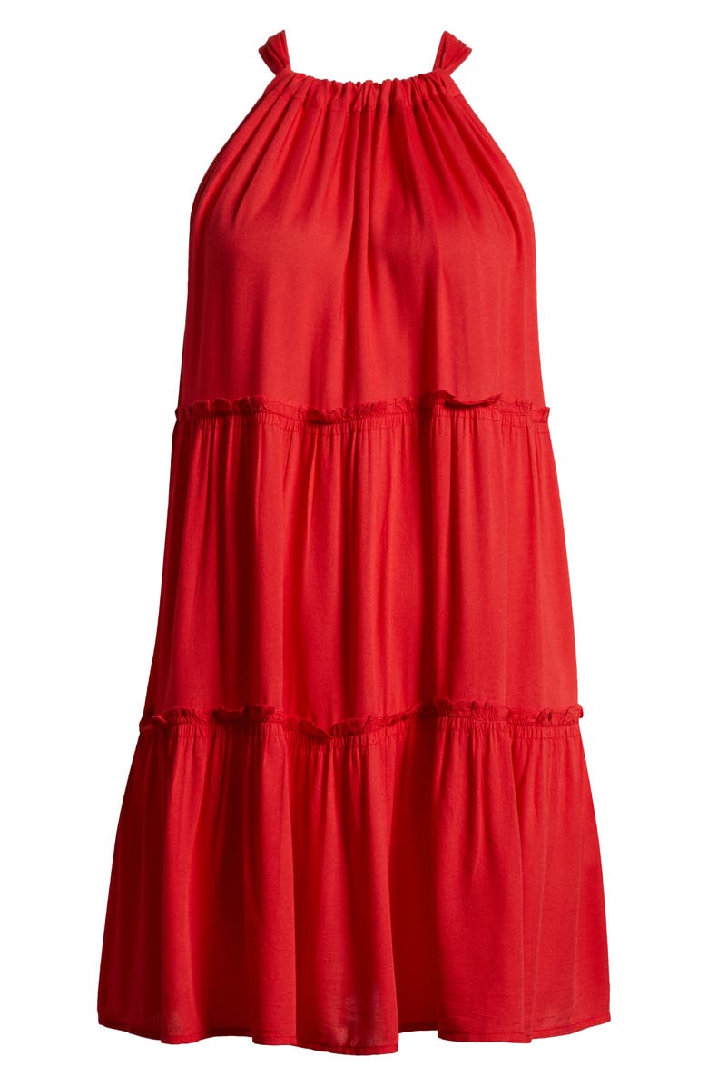 Elan Ruched Tiered Cover-Up Swing Dress, Alternate, color, Red Coral