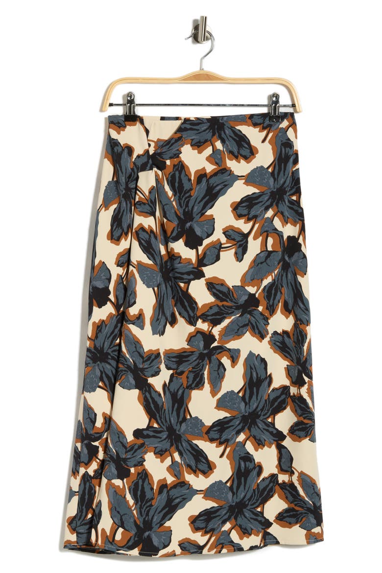 Twist Detail Midi Skirt, Alternate, color, BEIGE- BLUE SOLY BLOOMS