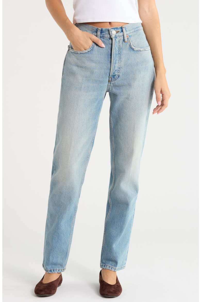 Pipe Distressed High Waist Jeans, Main, color, WORN BLUE