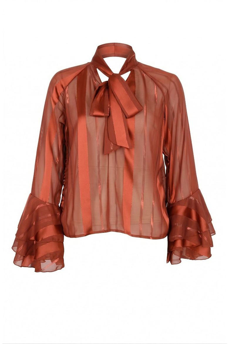 Sheer Blouse with Tie Neck Detail and Bell Sleeves, Alternate, color, Burnt Orange