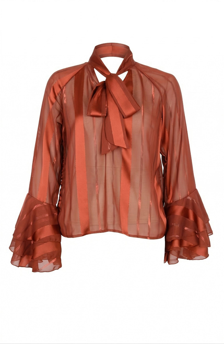 Modenaire Sheer Blouse with Tie Neck Detail and Bell Sleeves, Alternate, color, Burnt Orange