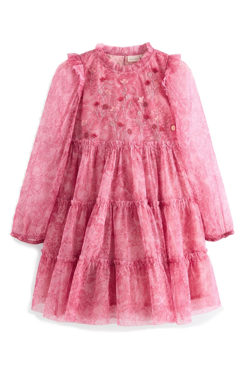 Laura Ashley Kids' Embroidered Ruffle Long Sleeve Tiered Mesh Dress, Main, color, Pink