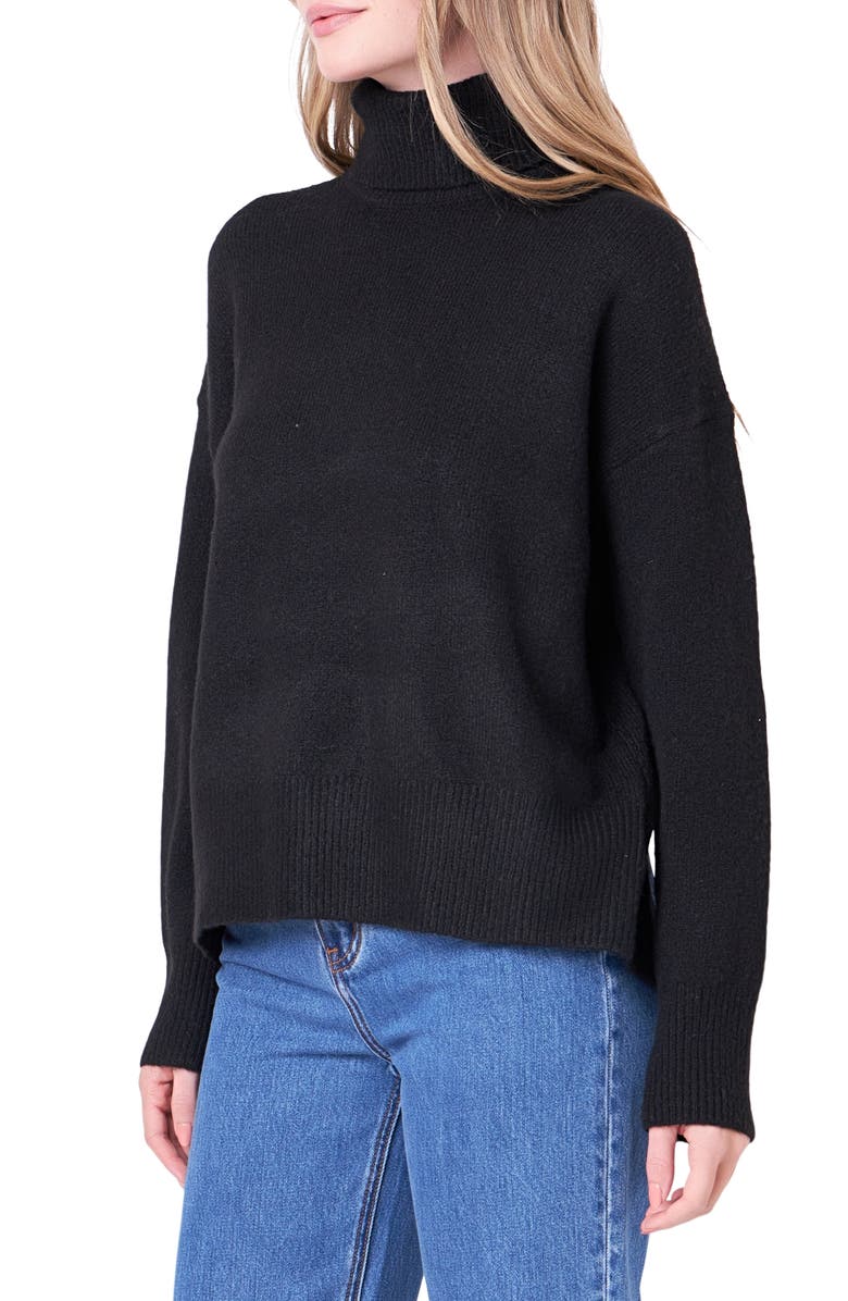English Factory Notch Hem Turtleneck Sweater, Alternate, color, Black