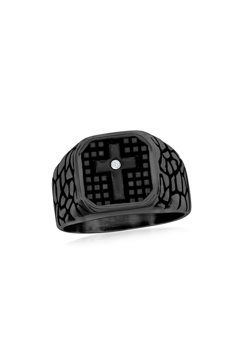 Men's Cubic Zirconia Pebble Textured Signet Ring, Main, color, BLACK