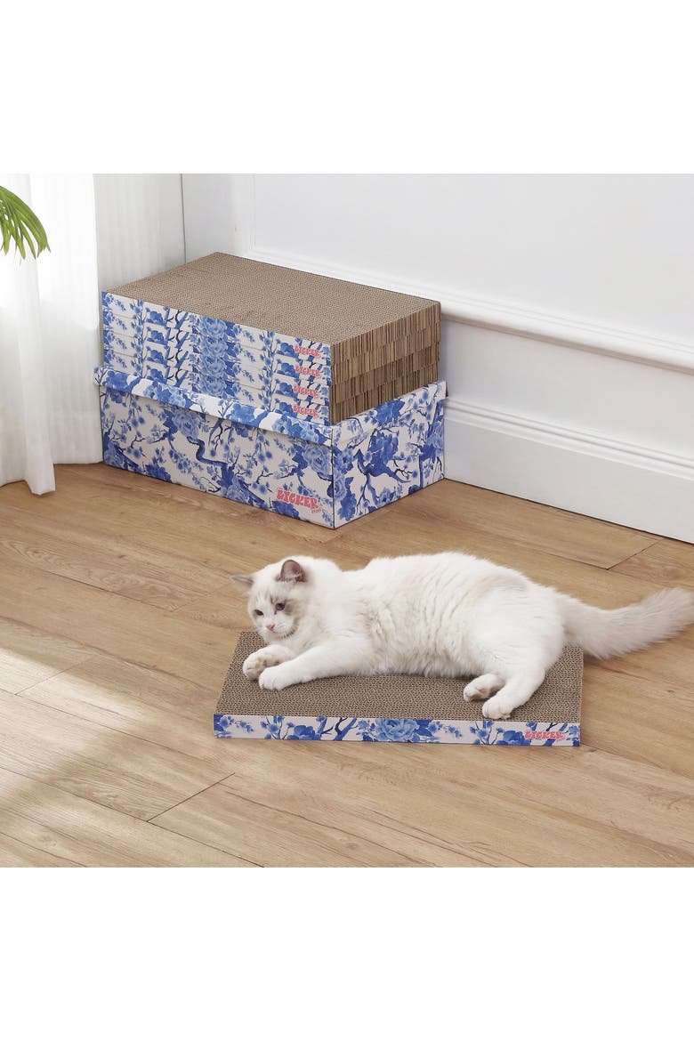 Naomi Modern Cardboard Reversible Cat Scratcher Pad in Box with Catnip, Alternate, color, Blue/White