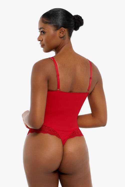 Popilush Shapewear Deep V-neck Sculpting Lace Inset Bodysuit In Chili Red