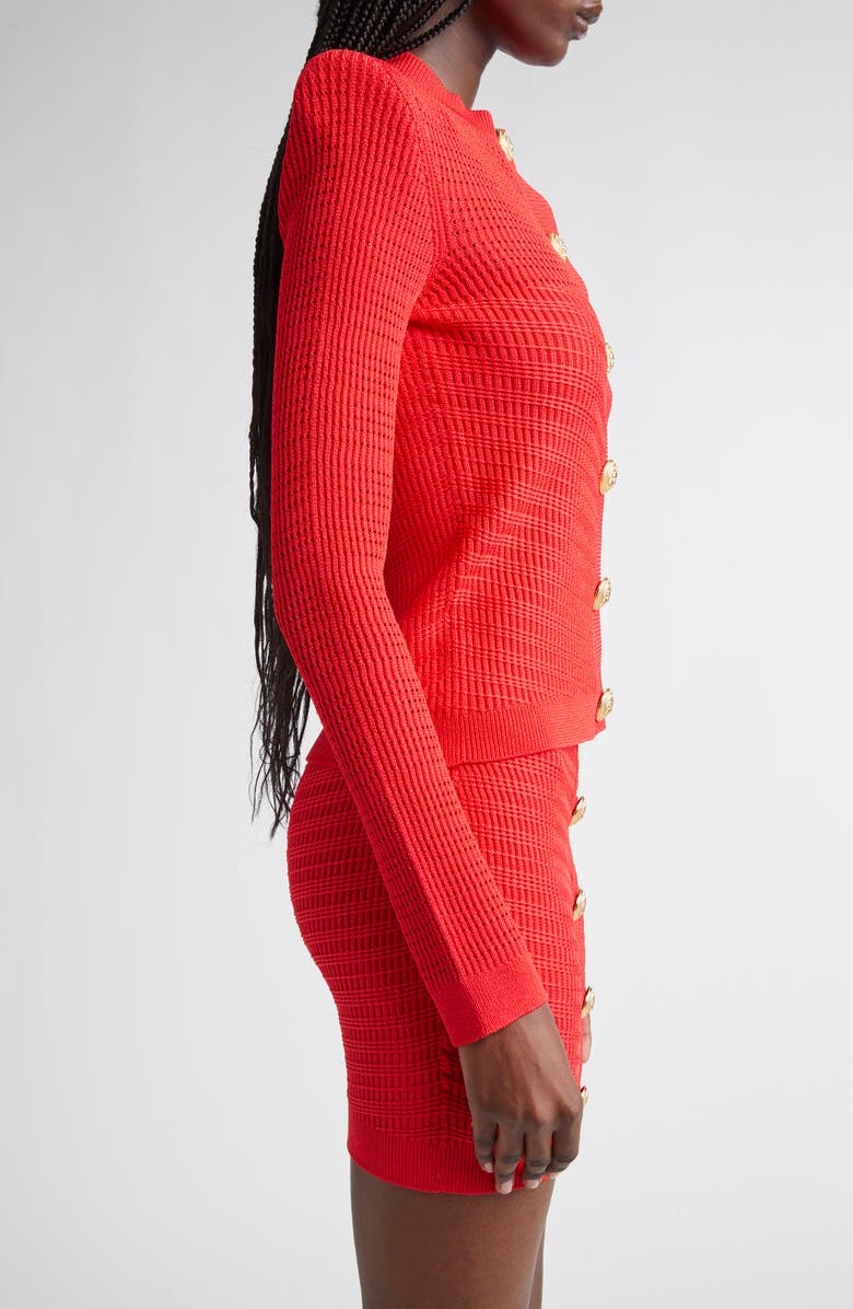 Balmain Button Detail Rib Cardigan, Alternate, color, Bright Red