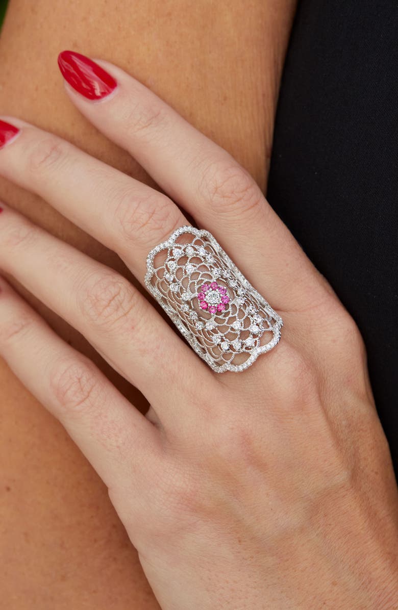 SAVVY CIE JEWELS Sterling Silver Cubic Zirconia Floral Filigree Ring, Alternate, color, White