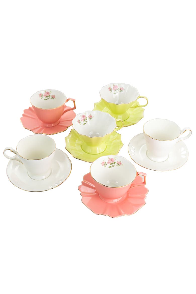 12 Piece Fine Ceramic Scalloped Cups with Saucers, Main, color, White