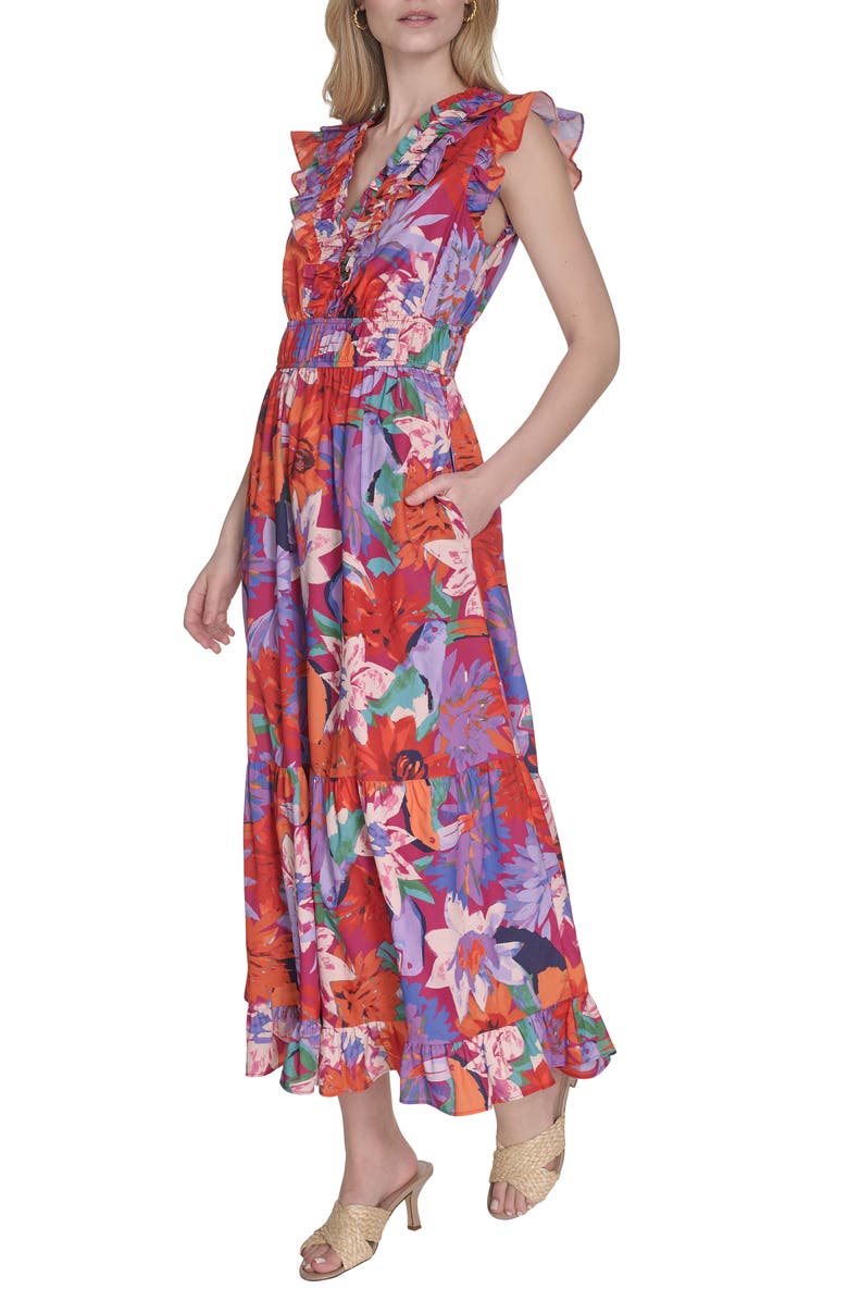 Vince Camuto Floral Print Ruffle Dress, Alternate, color, Purple Multi