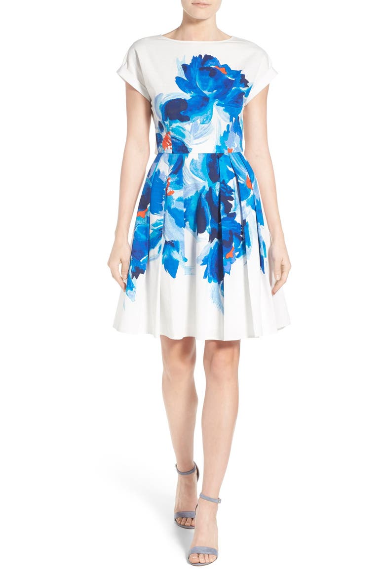 Back Bodice Overlay Cotton Fit & Flare Dress, Main, color, IVORY- BLUE PAINTED FLORAL