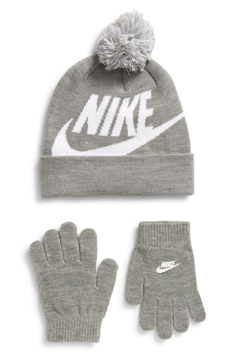 Swoosh Pom Beanie & Gloves Set, Main, color, DARK GREY
