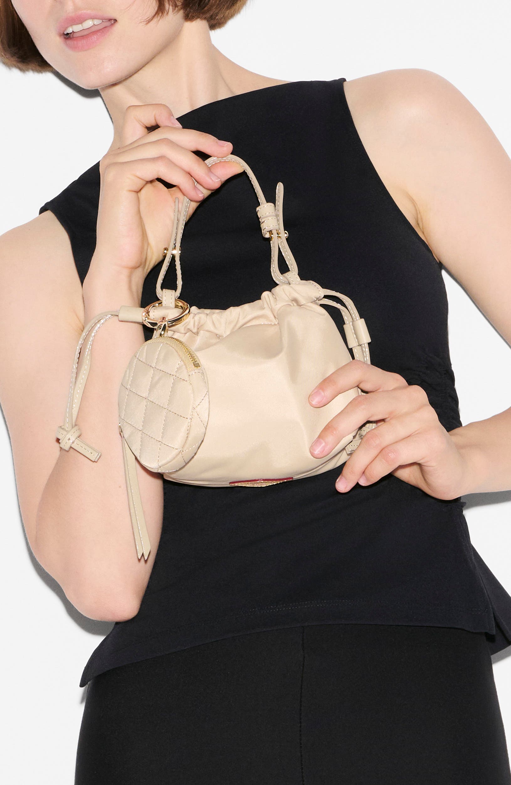 Waverly Bebe Leather Trim Drawstring Bag, Alternate, color, SAND