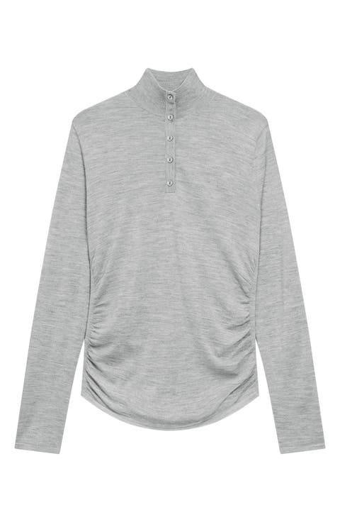 Shirred Mock Neck Merino Wool Top