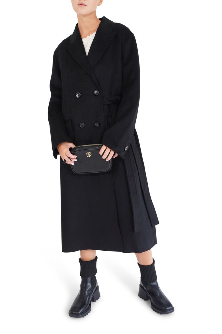 Right There Side Tie Wool Blend Coat, Alternate, color, BLACK