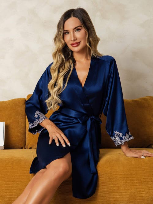 Silksilky Silk Lace Cuffs Robe Wrap Kimono Belted In Blue