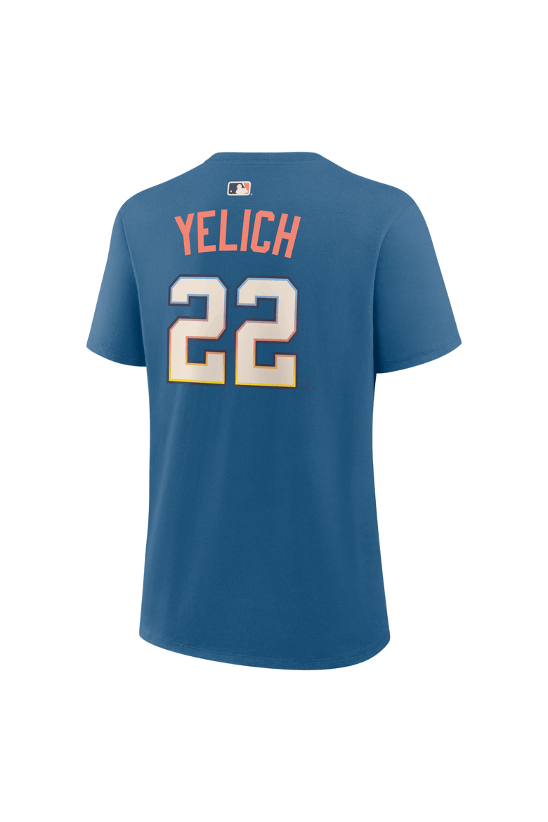 Women's Nike Christian Yelich Blue Milwaukee Brewers 2026 City Connect Name & Number T-Shirt, Alternate, color, Blue