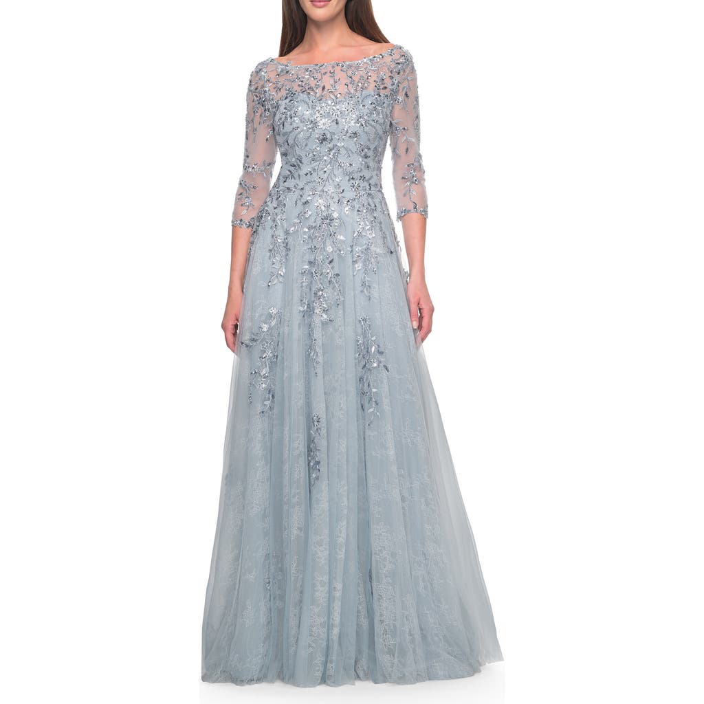 La Femme A-Line Lace and Beaded Mother of the Bride Gown in Dusty Blue  product