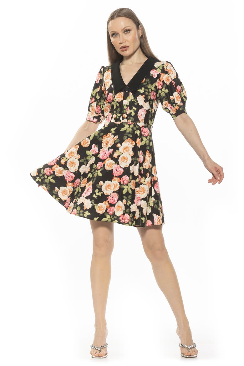 Carys Puff Sleeve Fit & Flare Dress, Alternate, color, BLACK FLORAL