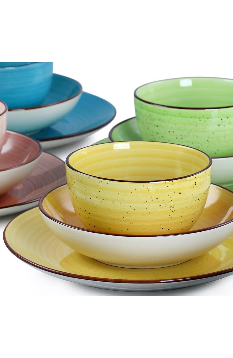 Elama Sebastian 18 Piece Double Bowl Stoneware Dinnerware Set, Alternate, color, Pink