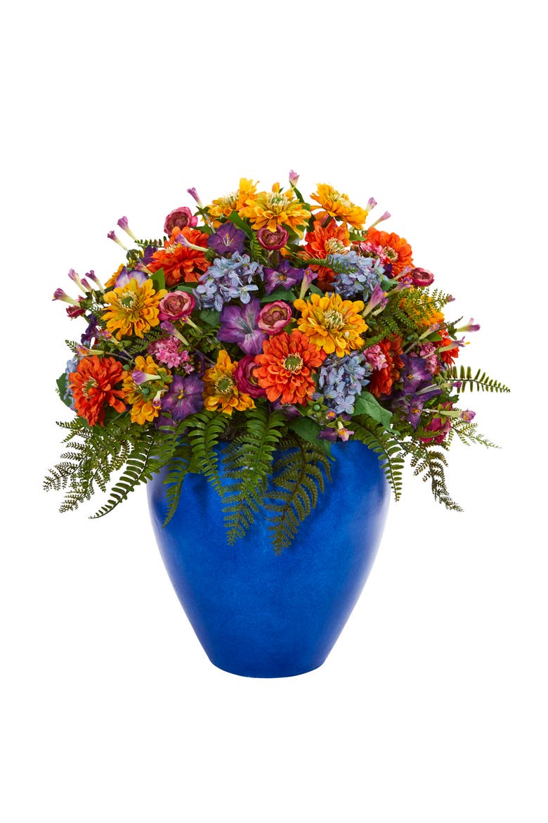 Giant Mixed Floral Artificial Arrangement in Blue Vase, Main, color, Multicolor