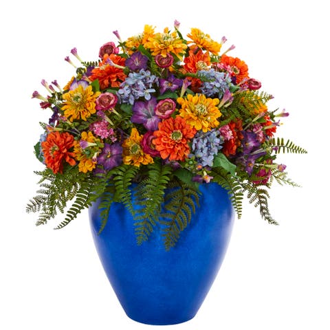 Giant Mixed Floral Artificial Arrangement in Blue Vase